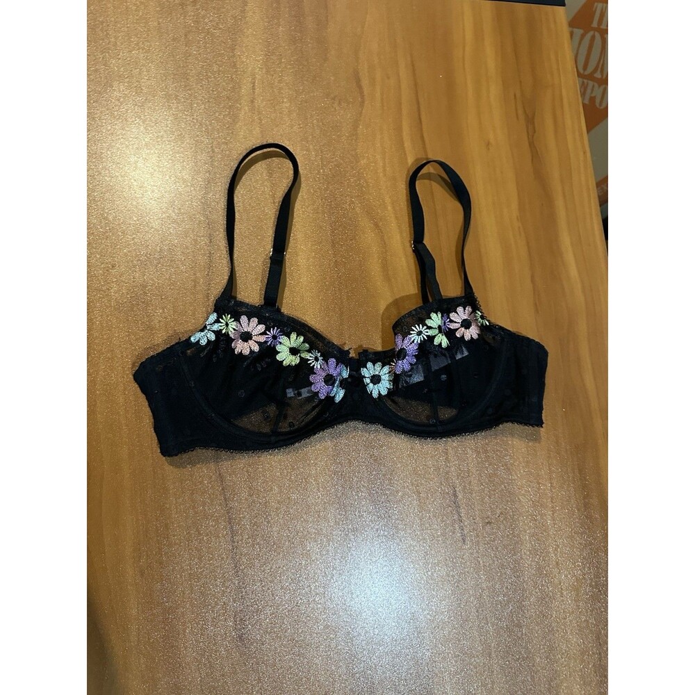 Savage X Fenty Free Spirit Floral Embroidered Sheer Underwire Bra 38C Black